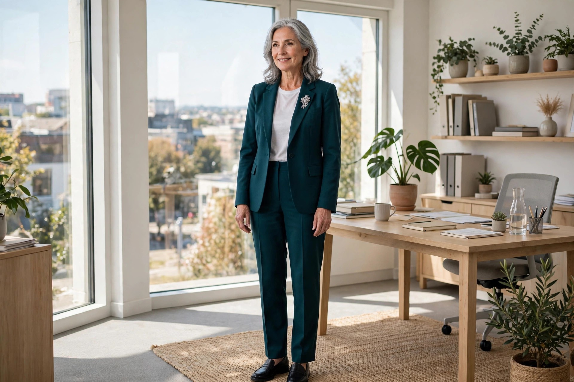 Woman over 50 with silver hair wearing a deep teal trouser suit, white top and silver brooch