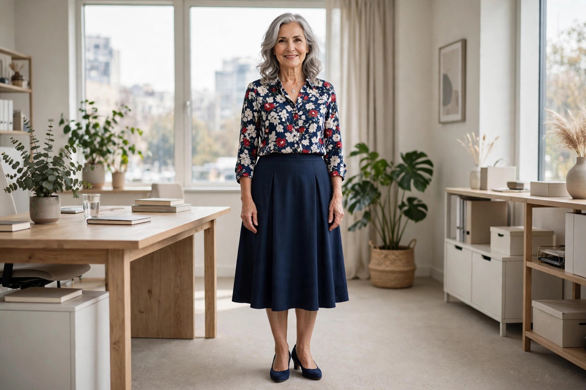 Woman over 50 with silver hair wearing a navy floral blouse and navy midi skirt with navy heels
