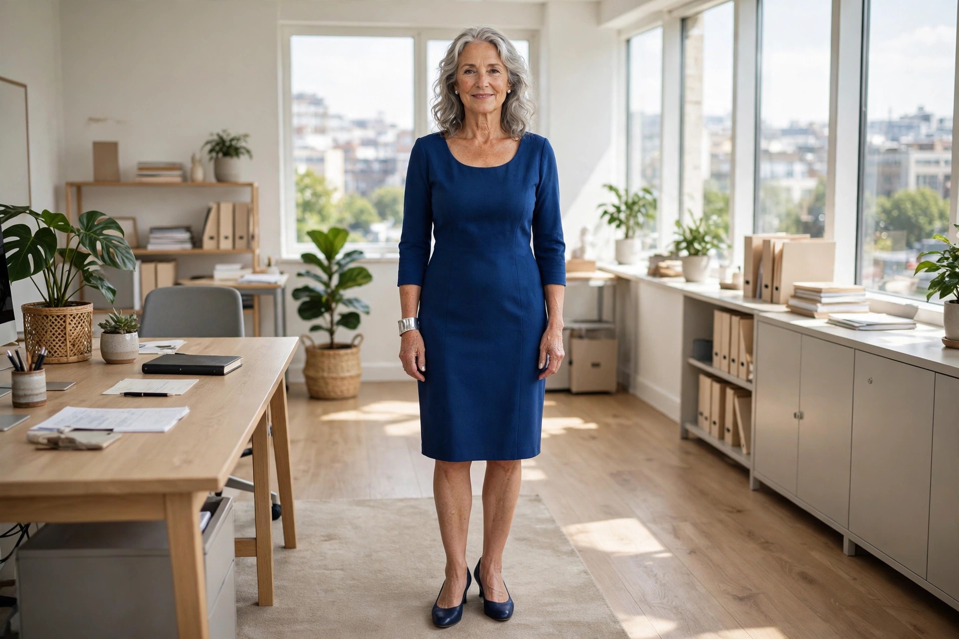 Woman over 50 with silver hair in a sapphire blue sheath dress with silver cuff and navy heels