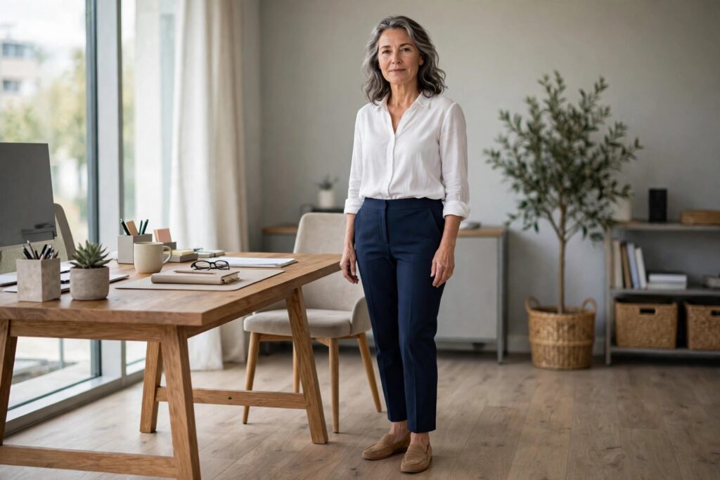 Woman over 50 in navy pull-on trousers, a white blouse and tan loafers beside an office desk