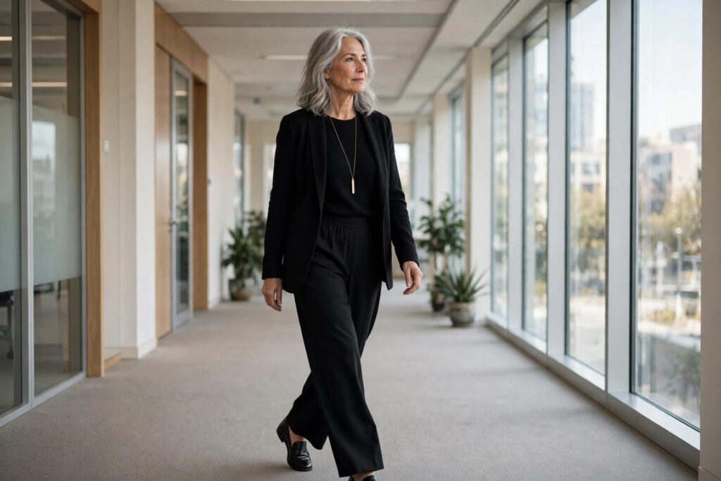 Woman over 50 in black wide-leg trousers, a black knit top and an open blazer walking down an office corridor