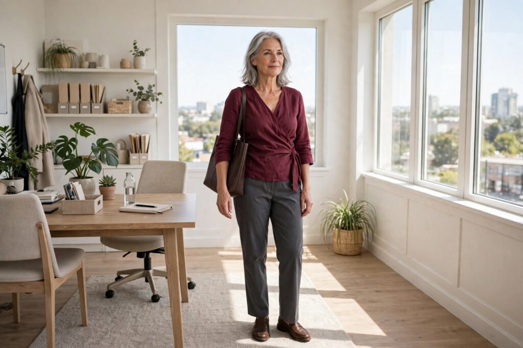 Woman over 50 in charcoal straight trousers and a burgundy wrap top carrying a brown tote in an office