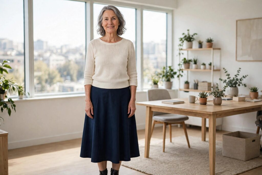 Woman over 50 in a navy A-line midi skirt and a cream knit top standing by office windows