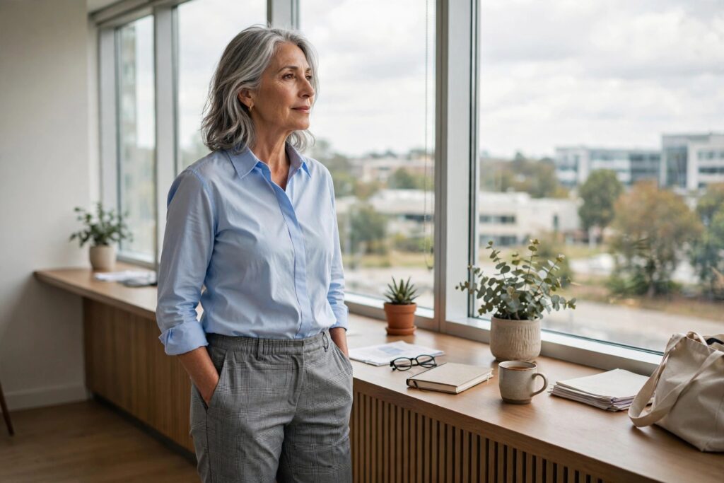 Woman over 50 in grey check trousers and a blue Oxford shirt standing by an office window