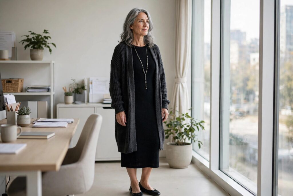 Woman over 50 in a black knit dress with a long grey cardigan and a long necklace in an office