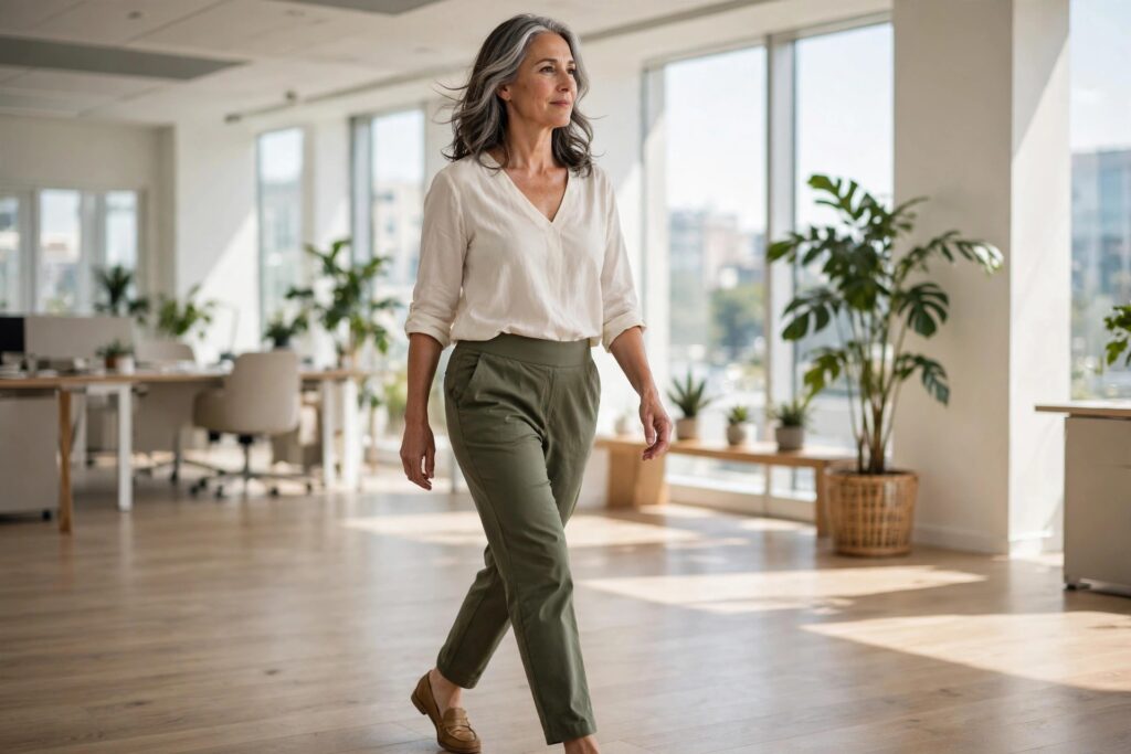 Woman over 50 in olive pull-on trousers and a cream blouse walking across an office floor