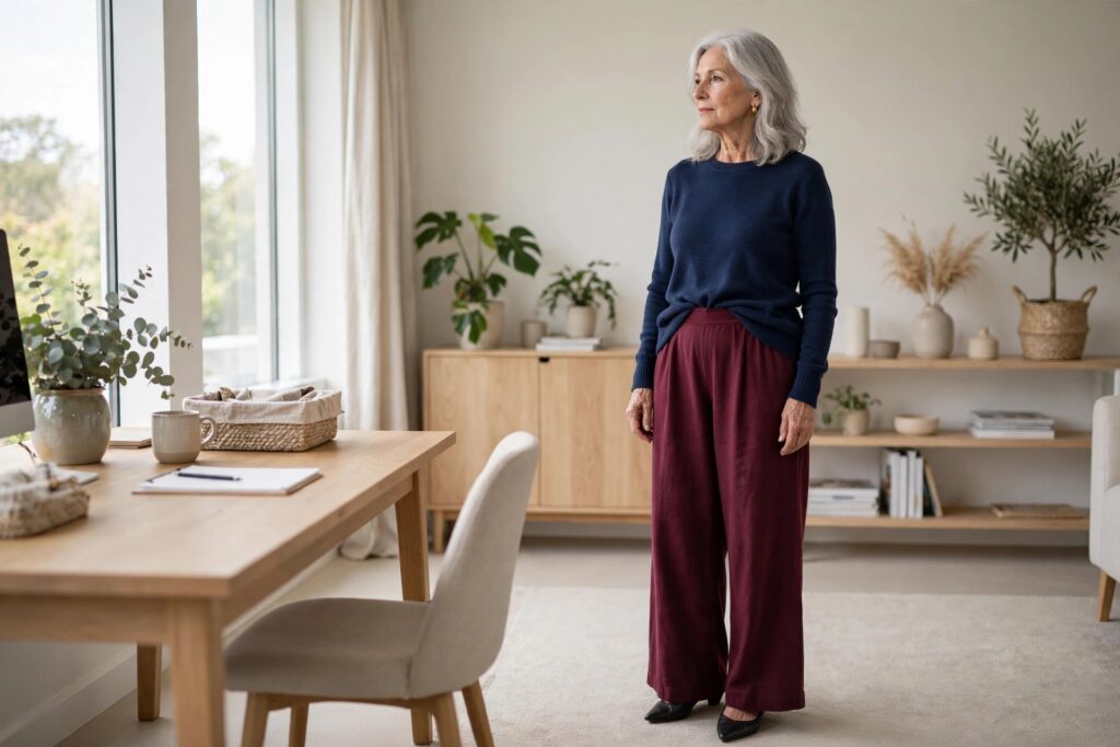 Woman over 50 in burgundy wide-leg trousers and a navy sweater standing in an office