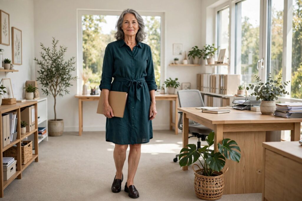Woman over 50 in a dark teal shirt dress with a tie waist holding a folder in an office