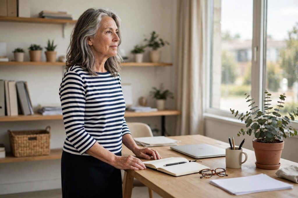 Woman over 50 in a navy and white striped top and a black skirt standing at an office desk