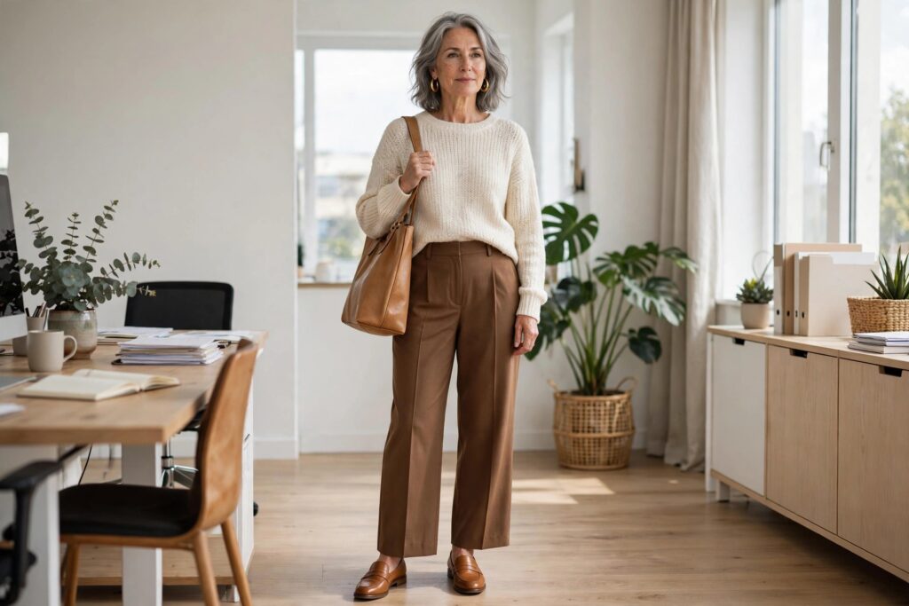 Woman over 50 in brown wide-leg trousers, a cream sweater and tan loafers carrying a tan tote in an office