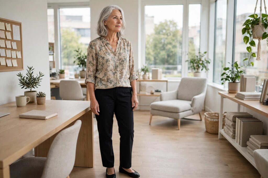Woman over 50 in black straight trousers and a muted floral blouse standing in an office