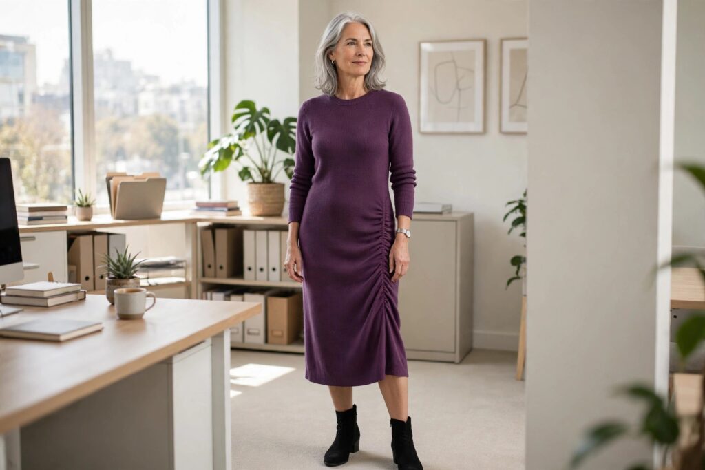 Woman over 50 in a plum knit midi dress with side ruching and black ankle boots in an office