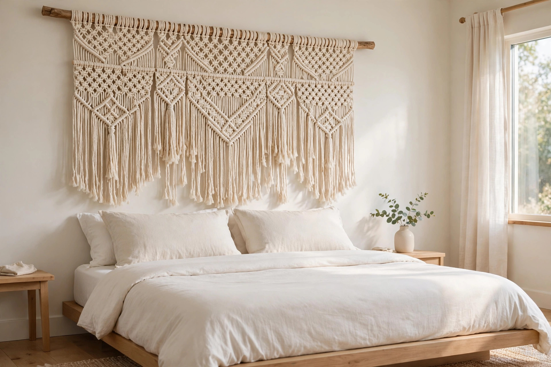 A wide cream macramé hanging on a wood dowel above a white bed with long fringe ending above the pillows