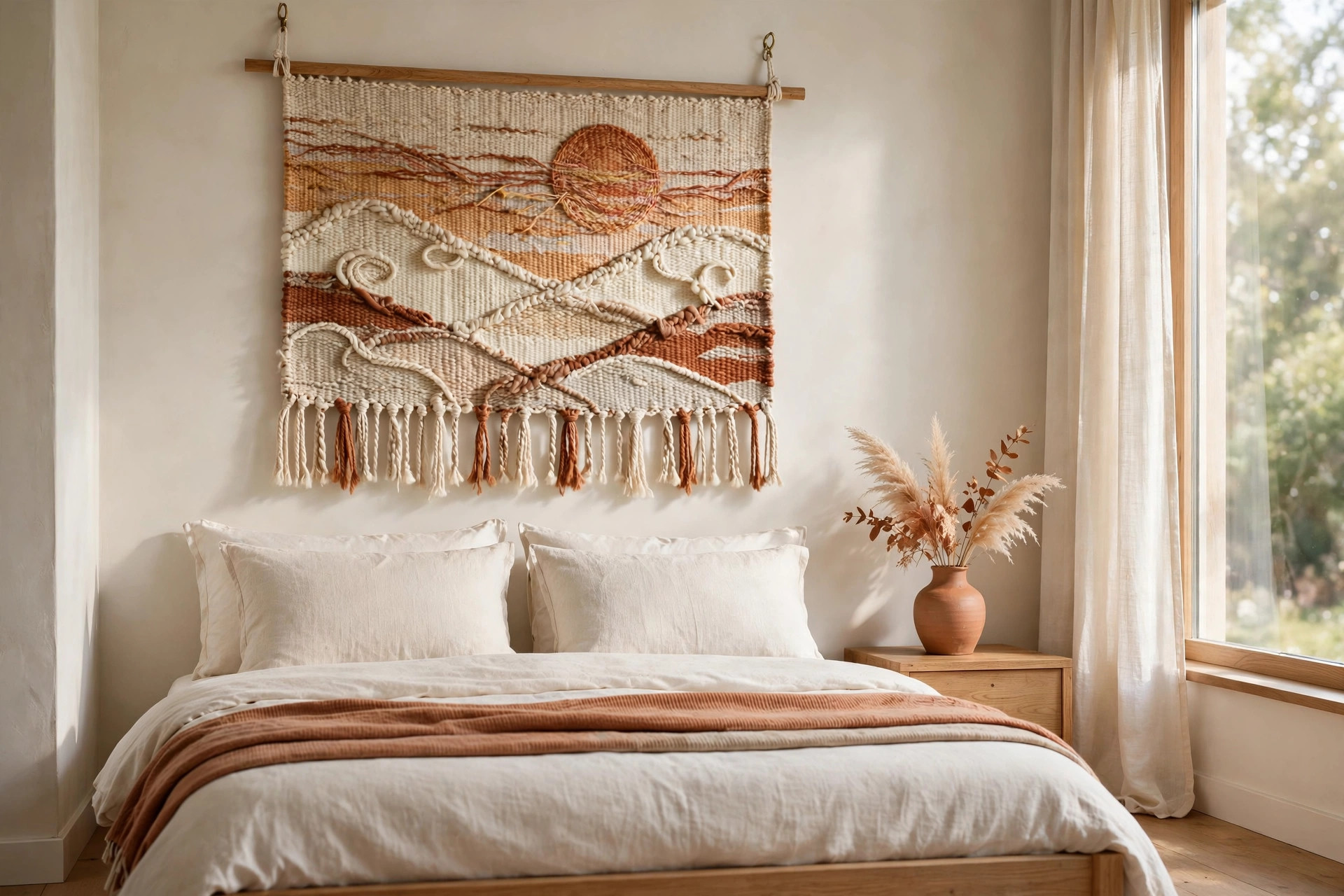 A woven hanging with a rust sun and soft hills in cream, sand and rust tones above a bed with a rust throw