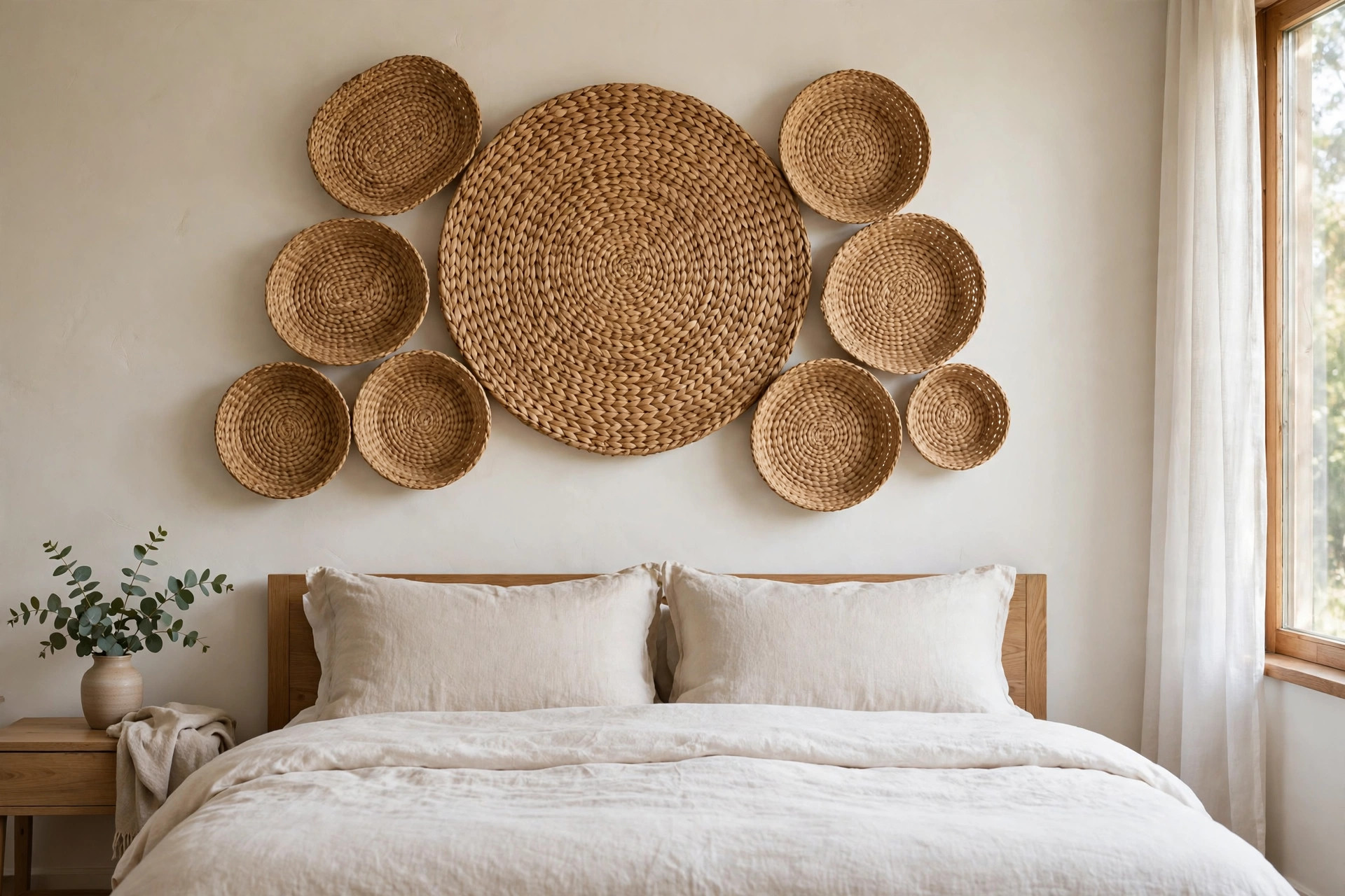 A cluster of round woven seagrass baskets in warm tan tones, one large in the center, above a bed with a wood headboard