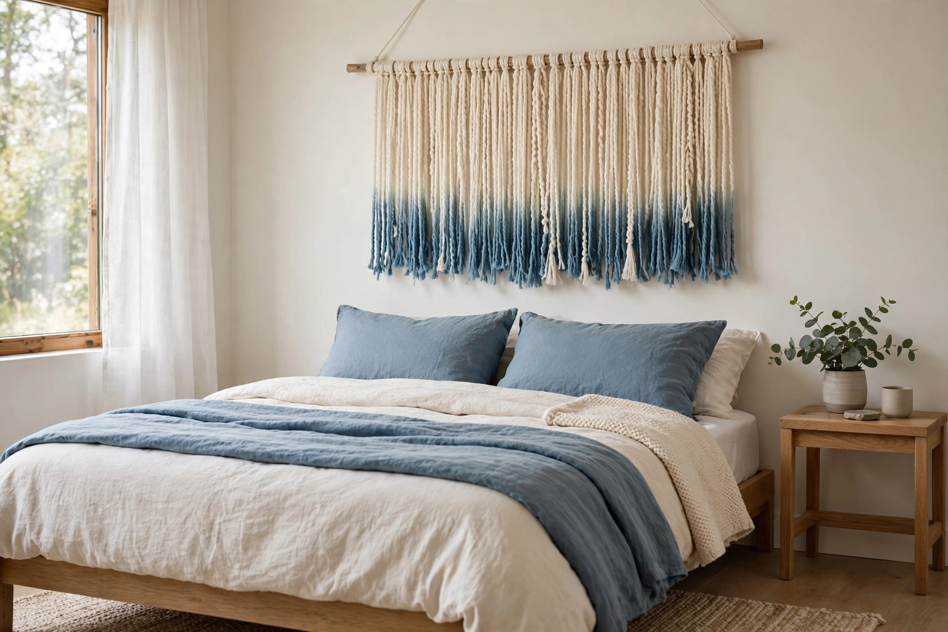 A cream yarn wall hanging with dip dyed dusty blue ends above a bed with dusty blue pillows and a blue throw
