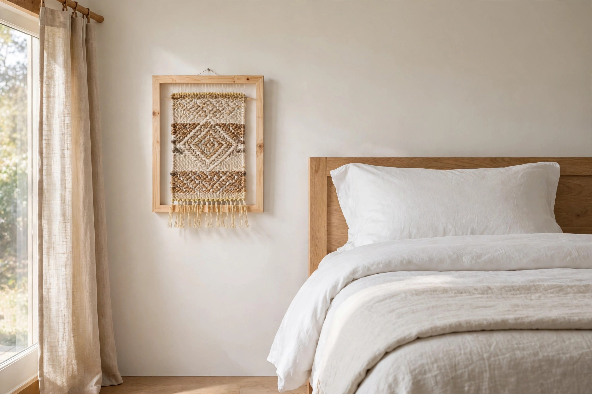 A small woven loom piece with a diamond pattern mounted inside a light wood frame on a wall beside a bed
