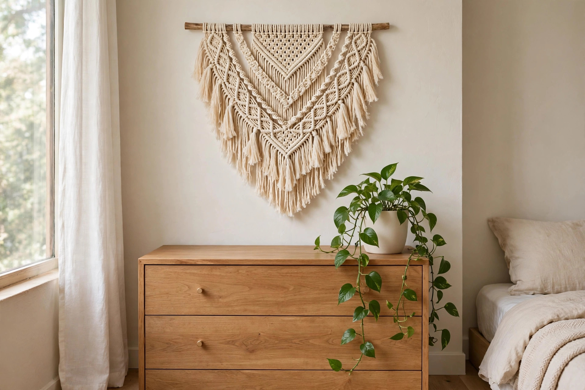 A cream macramé hanging above a wooden dresser with a trailing green pothos plant in a white pot on top