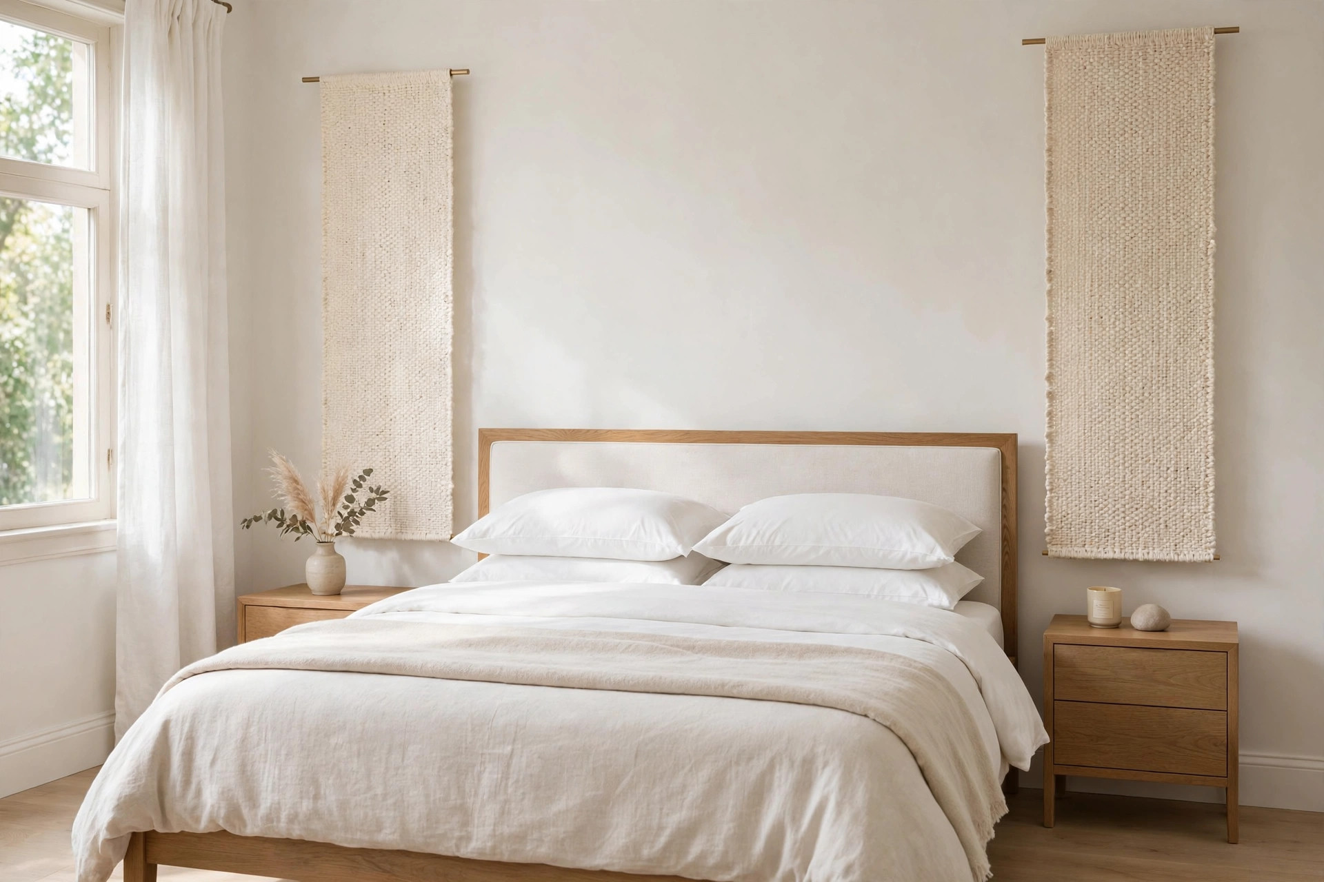 Two tall narrow cream woven panels hanging on either side of a bed with a light wood headboard