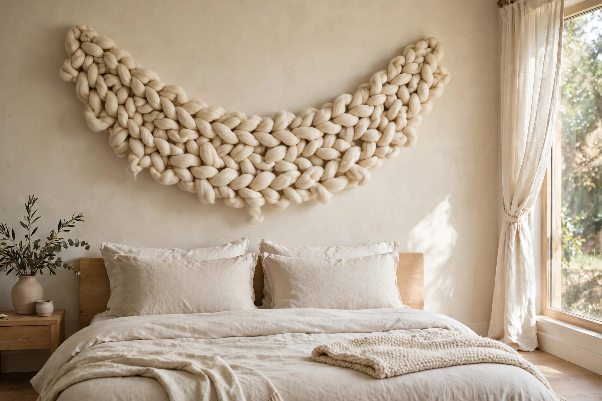 A chunky cream wool roving hanging draped in a wide gentle arc above a bed with cream linen bedding