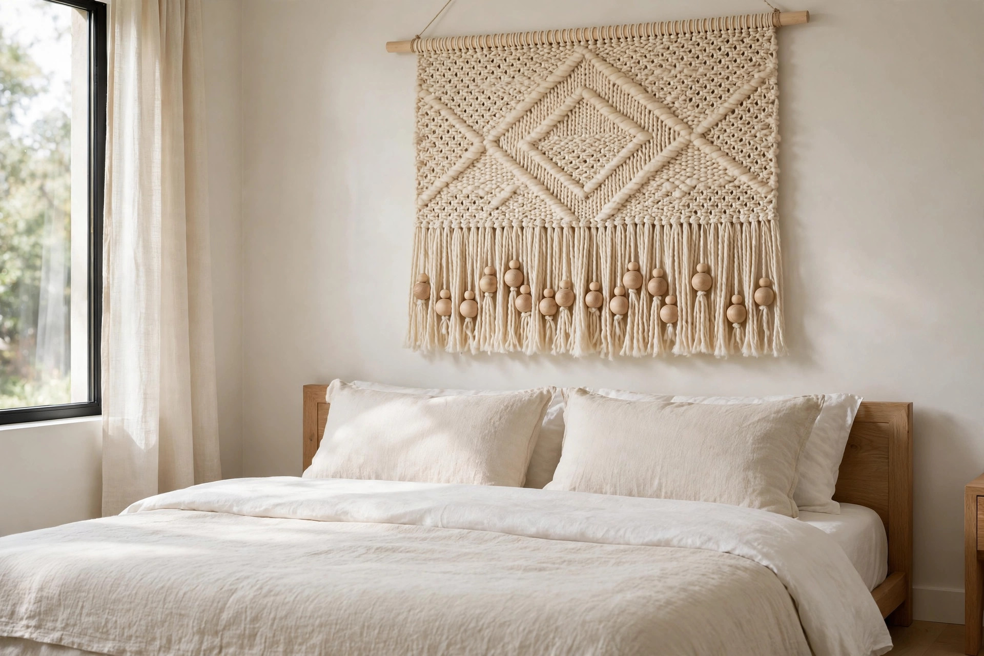 A cream woven hanging on a wood dowel with round wooden beads worked into its long fringe above a bed