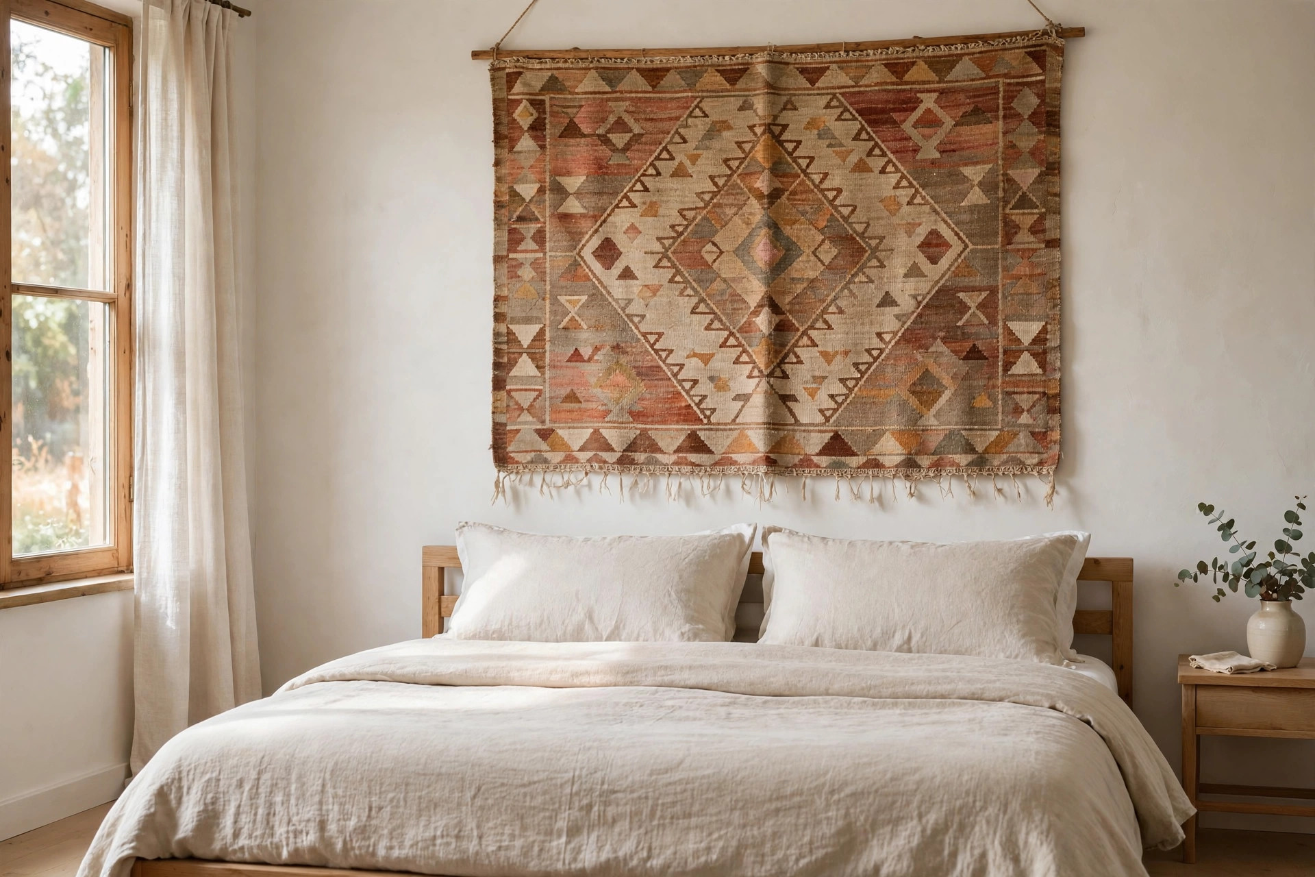 A vintage woven rug with a faded diamond pattern in rust, beige and brown tones hung above a bed