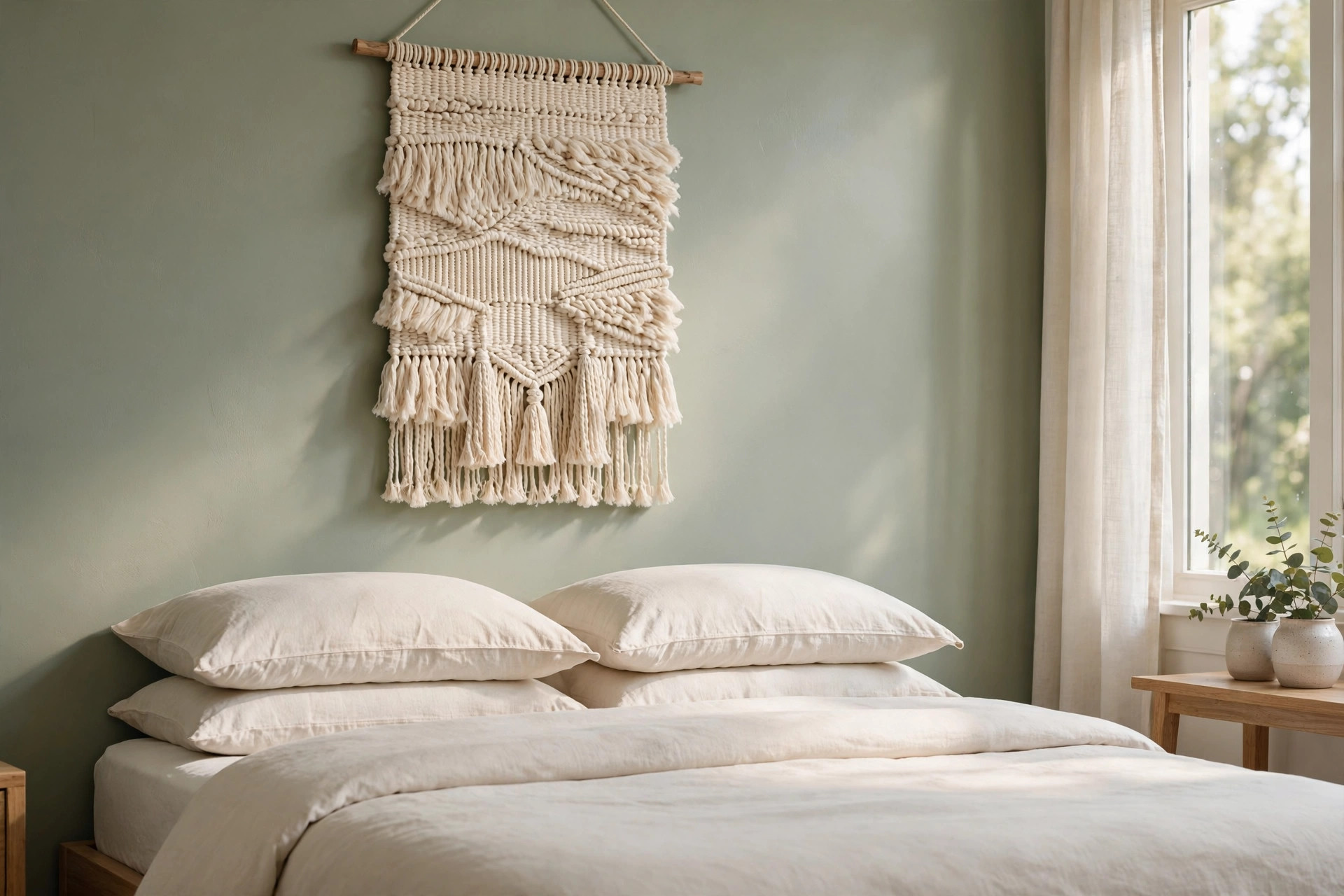 A cream woven hanging with tassels on a soft sage green painted accent wall above a bed with white bedding