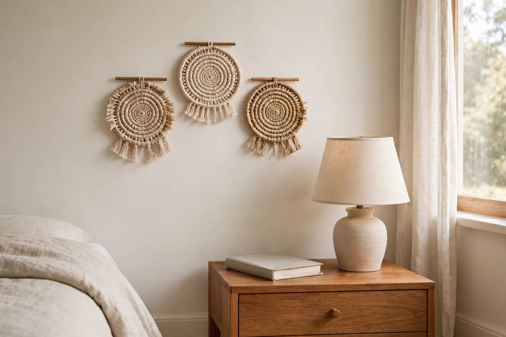 Three small round woven hangings with short fringe grouped on a wall above a wooden nightstand with a lamp and a book