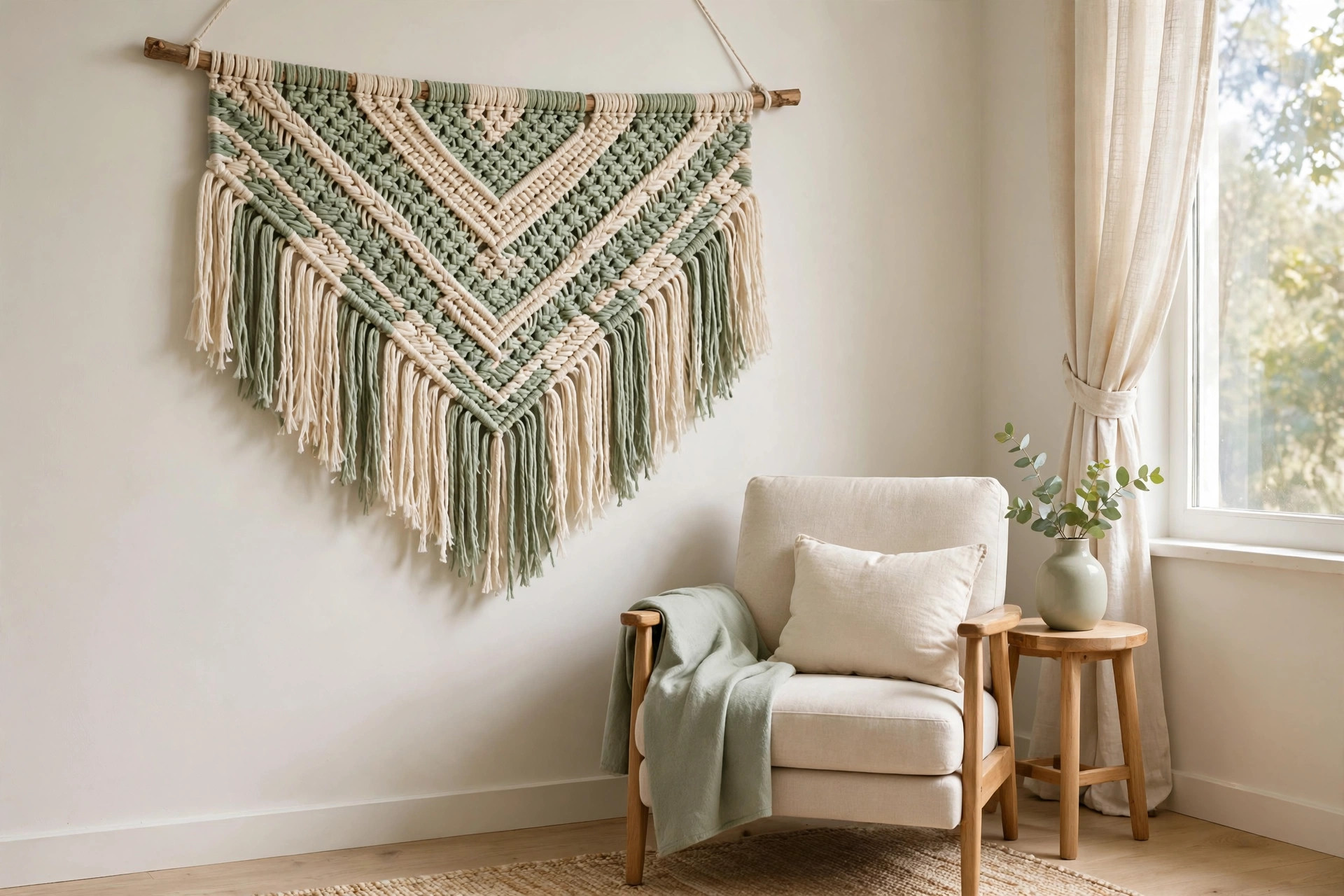 A fringed woven hanging in soft sage green and cream with a chevron pattern above a reading chair by a window